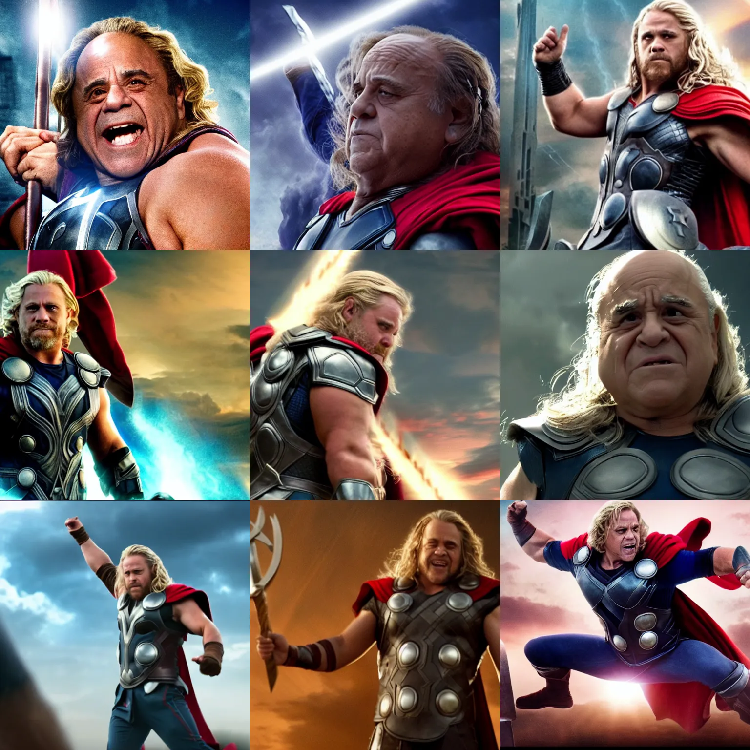 Prompt: screenshot of danny devito as thor in the avengers. 4 k. action pose.