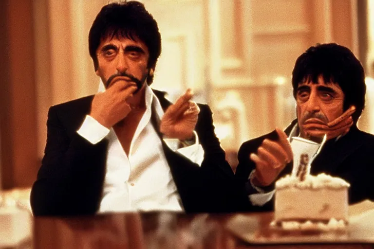 Prompt: tony montana from movie scarface 1 9 8 3 sitting at a big black oak table with big packages of flour. next to the night window. al pacino. perfect symmetric face, coherent eyes,, fine details, 4 k, ron cobb, cinestill