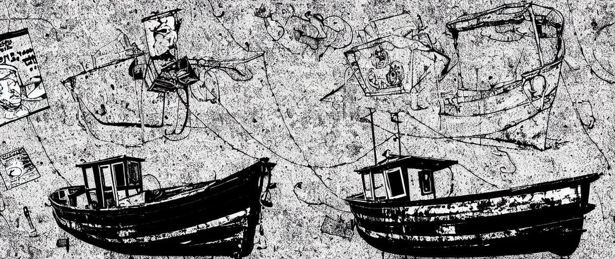 Image similar to a lone abandoned boat at dungeness, in the style of daniel johnston and outsider art, 8 k, line brush, overlaid with chinese adverts