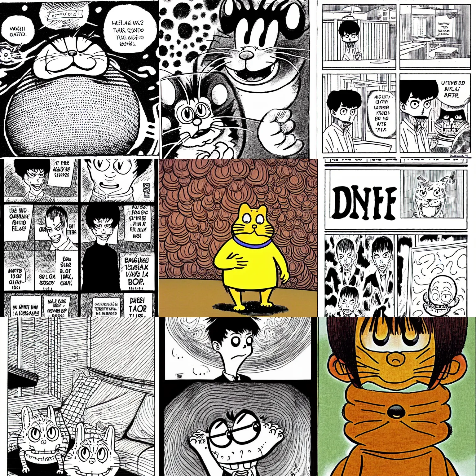 Prompt: Garfield drawn by Junji Ito, Manga panel