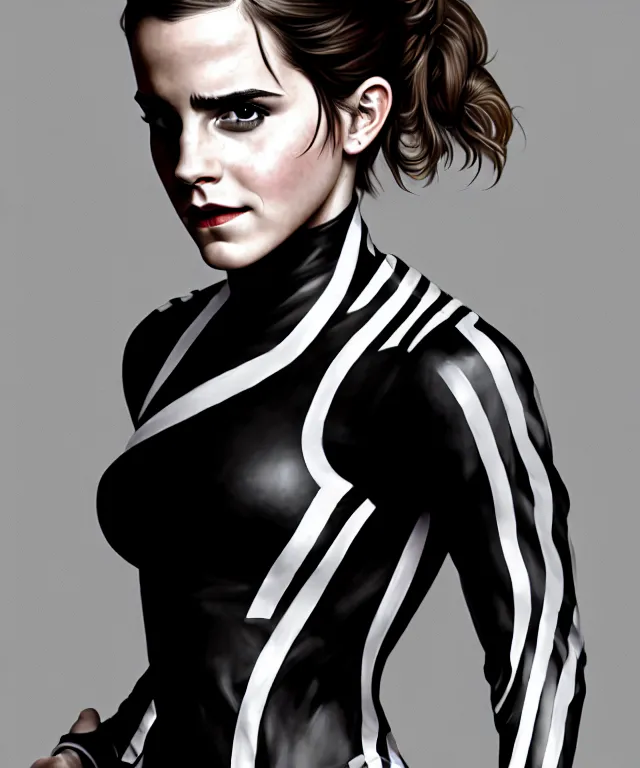 Prompt: a detailed fifty mm portrait of emma watson as a catwoman in a black adidas track suit with white stripes, highly detailed, digital painting, artstation, concept art, sharp focus, cinematic lighting, illustration, art by met mangindaan, artgerm and greg rutkowski, alphonse mucha, cgsociety