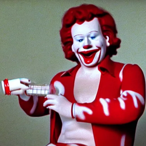 Prompt: ronald mcdonald putting the lotion on its skin or else it gets the hose again, horror, vhs quality, realistic, dutch angle