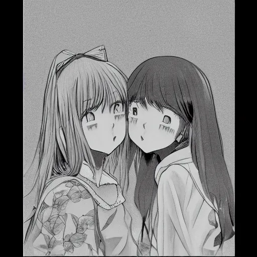 Image similar to portrait of two girls kissing, detailed manga art