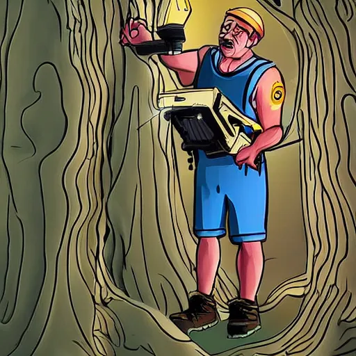 Image similar to man with huge drills as arms angrily drilling into trees with gaping holes, digital art