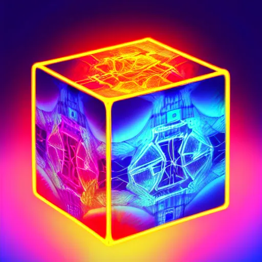 Image similar to a steampunk cube inside a hypercube consisting of fractals shiny luminescence neocube nanostructure neon colorful detalized lines, background mirror lake in magical colorful fog, octane render, hyper realistic, ultra realistic