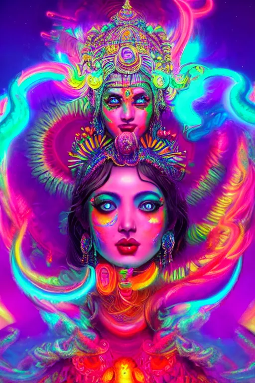 Image similar to a beautiful hindu goddess engulfed in colorful liquid smoke and neon clouds, a colorful psychedelic experience, dmt, lsd, face, highly detailed, artstation, concept art, matte, sharp focus, illustration, digital art by hana yata, and artem demura and beeple, octane render, unreal engine, 8 k