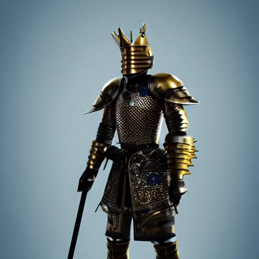 Image similar to a highly detailed knight in a T golden helmet and a golden crown with a blue diamond in the center, golden armor, leather clothes under the armor, leather gloves, holds a black sword, artstation, DeviantArt, professional, octane render, sunset lighting