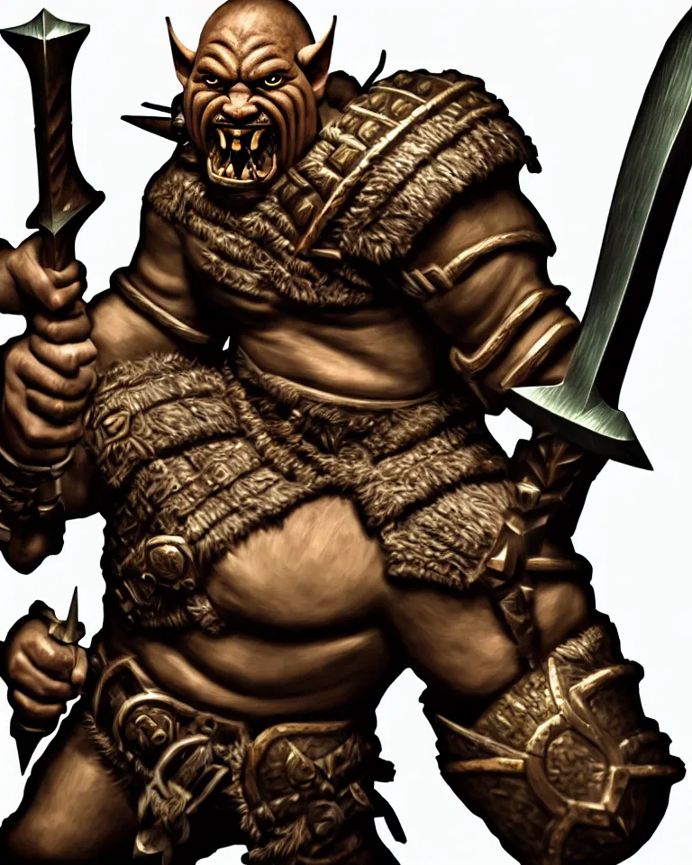 Image similar to a portrait of an orc warrior holding a metal battle axe with an intricate wooden carved hilt, in the style of riot games arcane