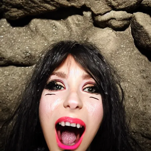 Image similar to photo inside a cavern of a wet reptilian humanoid rapper anime girl partially hidden behind a rock with black eyes open mouth and big teeth