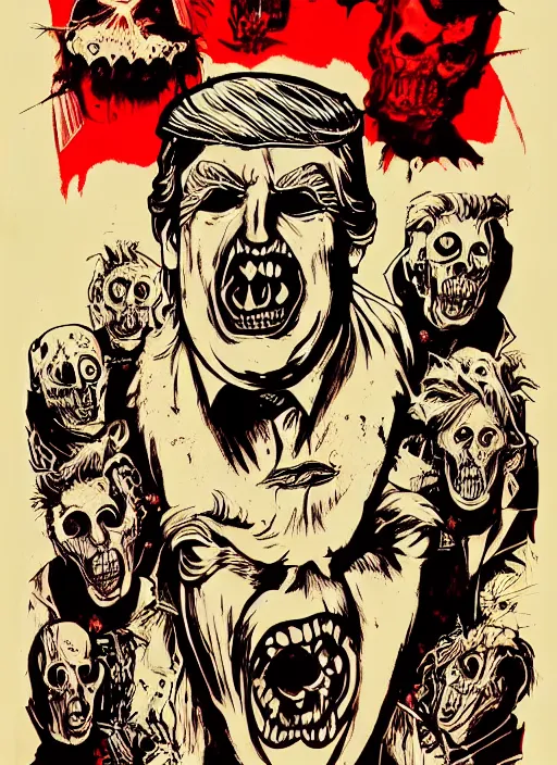 Prompt: donald trump's disgusting true form on a 1 9 9 0 s horror movie poster, inking, vintage 9 0 s print, detailed, scary, horror, screen print, trending on artstation