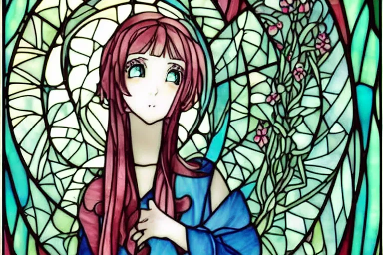 Prompt: very very beautiful cute anime girl, short neck, art nouveau, stained glass window