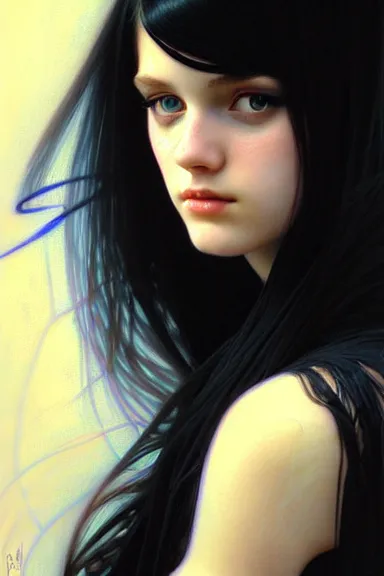 Image similar to portrait of teenage girl with long glossy black hair, blue eyes, glowing skin, fashion model features, fantasy, intricate, elegant, black dress, highly detailed, digital painting, artstation, concept art, smooth, sharp focus, illustration, art by Krenz Cushart and Artem Demura and alphonse mucha