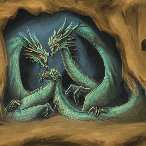 Image similar to ”three-headed dragon guarding a mystical cave entrance”