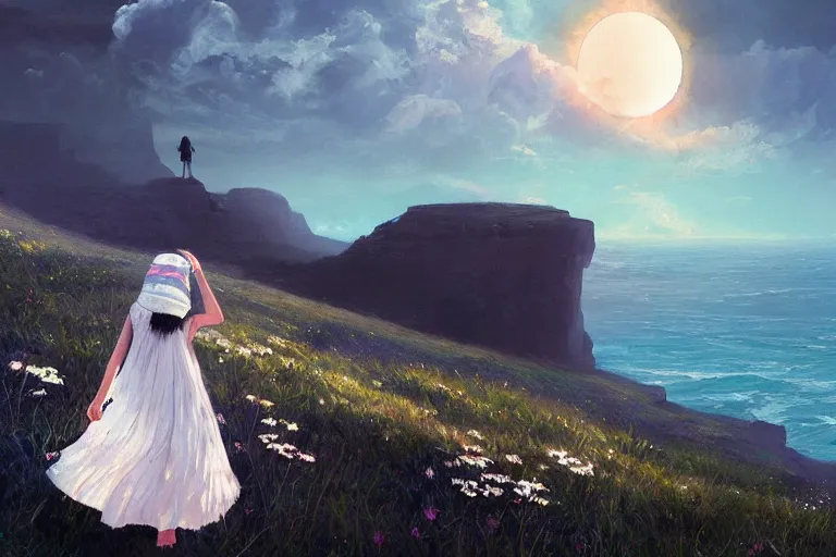 Image similar to giant white daisy flower on head, girl walking on cliff, surreal photography, solar eclipse, milky way, dramatic light, impressionist painting, clouds, digital painting, artstation, james gilleard, liam wong, jeremy mann, simon stalenhag