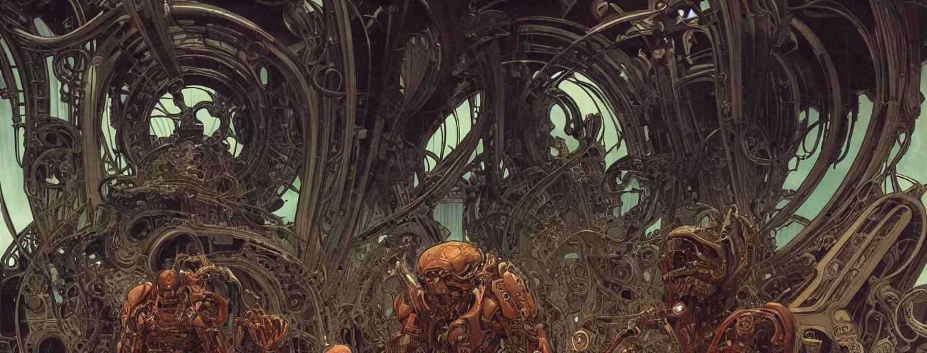 Image similar to doom, elden ring themed cinematic shot of the interior of a sf spaceship made with biomechanical architecture and highly advanced technology, intricate linework, style of moebius comic art, alphonse mucha, h. r. giger