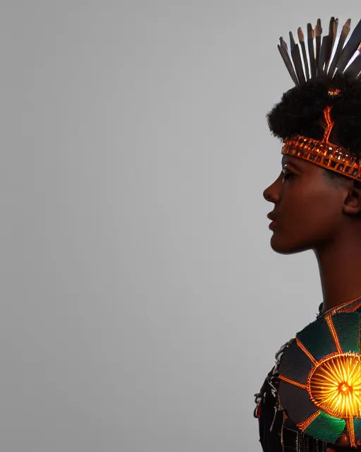 Image similar to centered medium shot fine studio photograph of a beautiful black girl wearing only a mecha Maasai helmet with bright lights, ultra-realistic, white background, 8k HDR sunset lit, intricate