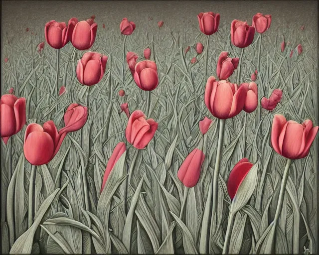 Image similar to rule of thirds inside the tulip, an ultrafine detailed painting by rafal olbinski, behance contest winner, pop surrealism, detailed painting, very detailed, minimalist, skeuomorphic, airbrush art