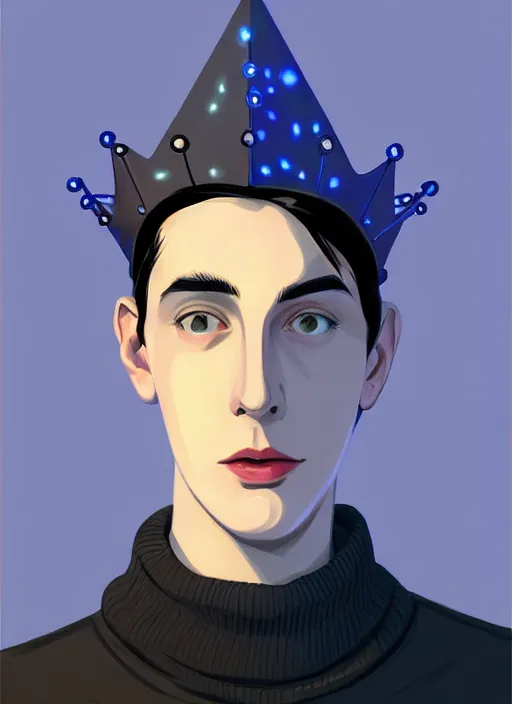 Image similar to portrait of teenage jughead jones wearing a light grey crown, crown, blue turtleneck, 1 9 5 0 s, closed eyes, photorealistic, black hair, glowing lighting, intricate, elegant, glowing lights, highly detailed, digital painting, artstation, concept art, smooth, sharp focus, illustration, art by wlop, mars ravelo and greg rutkowski