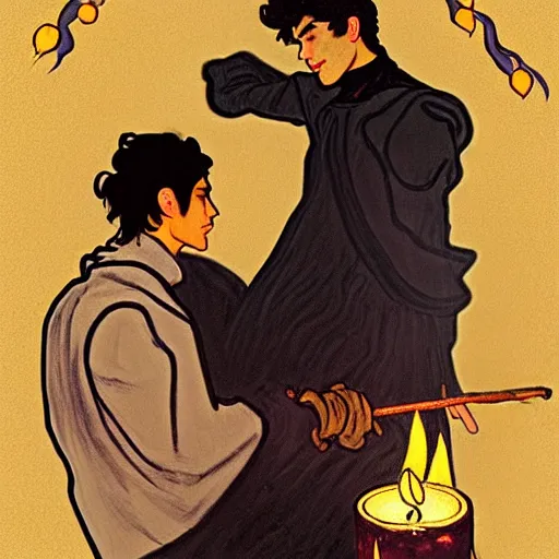 Image similar to painting of young cute handsome beautiful dark medium wavy hair man in his 2 0 s named shadow taehyung and cute handsome beautiful min - jun together at the halloween party, bubbling cauldron, candles, smoke, tarot, autumn colors, elegant, stylized, soft facial features, delicate facial features, art by alphonse mucha, vincent van gogh, egon schiele