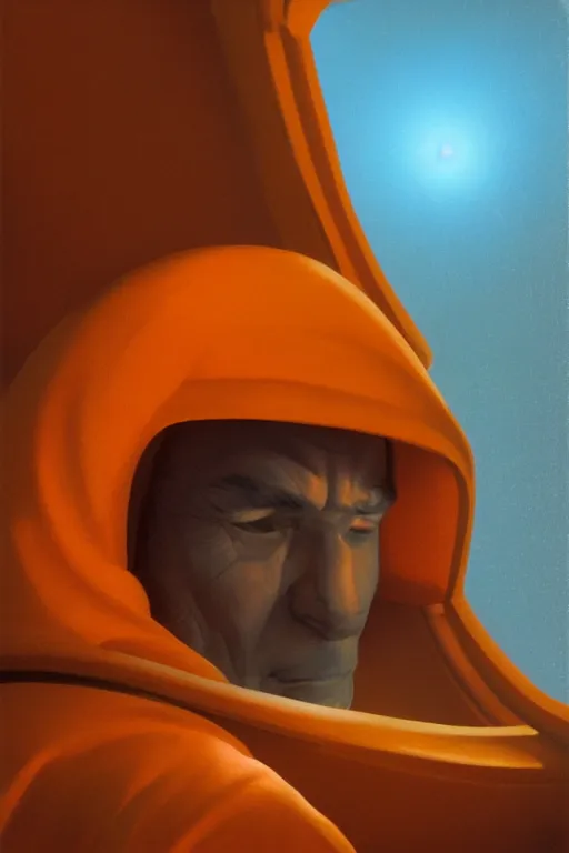 Image similar to portrait of a monk in a spaceship, looking out of a round window, orange robe, dramatic lighting, artstation, matte painting, ralph mcquarrie