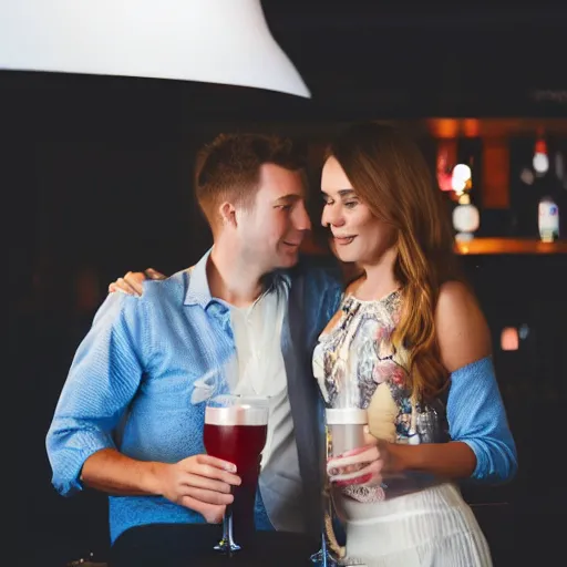 Prompt: couple in a cocktail bar, embraced, studio lightning