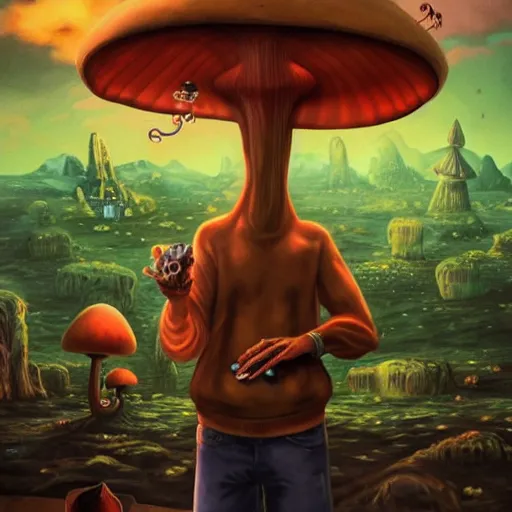Prompt: A centered chest up portrait of a psychedelic lovecraftian godlike anthropomorphic frog smoking a hand-rolled cigarette smoking heavily , magic mushroom village in background . award winning. superb resolution. in the art style of junji Ito and greg rutkowski . Detailed Mushroom city in background. Hyper realistic anime. Perfect art. Dalle2