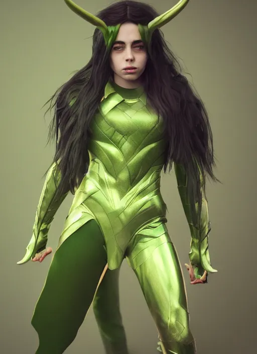 Prompt: billie eilish as female loki by Nixeu, Ian Sprigger, WLOP, Sakimichan, trending on artstation, hyper realistic, smooth octane render