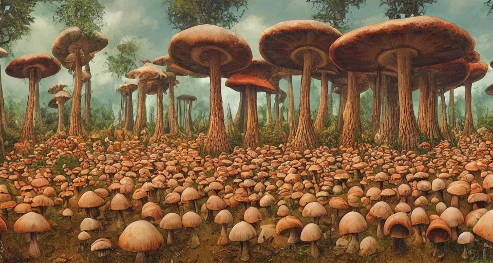 Prompt: A tribal village in a forest of giant mushrooms, by Gerald Brom,