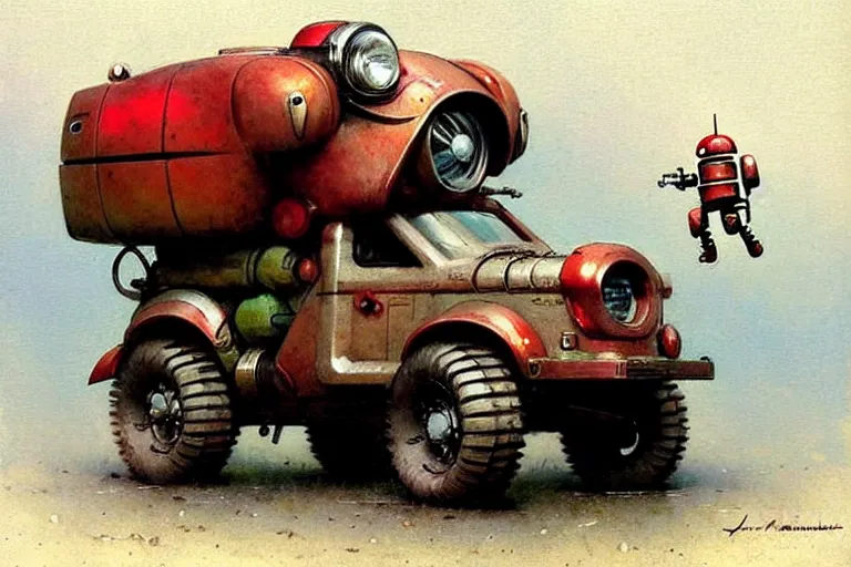 Image similar to adventurer ( ( ( ( ( 1 9 5 0 s retro future robot android fat knome rv offroad truck robot. muted colors. ) ) ) ) ) by jean baptiste monge!!!!!!!!!!!!!!!!!!!!!!!!! chrome red