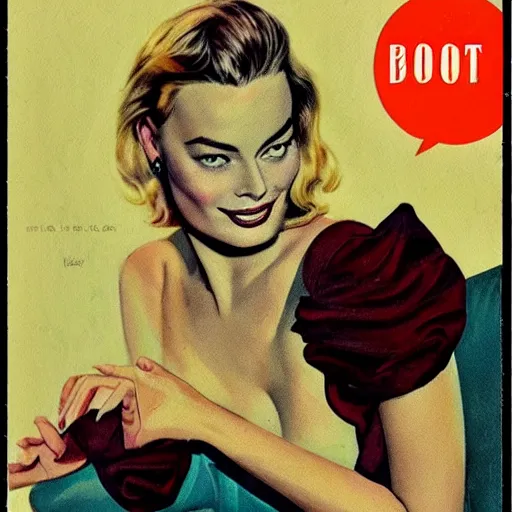 Prompt: “Margot Robbie portrait, color vintage magazine illustration 1950”