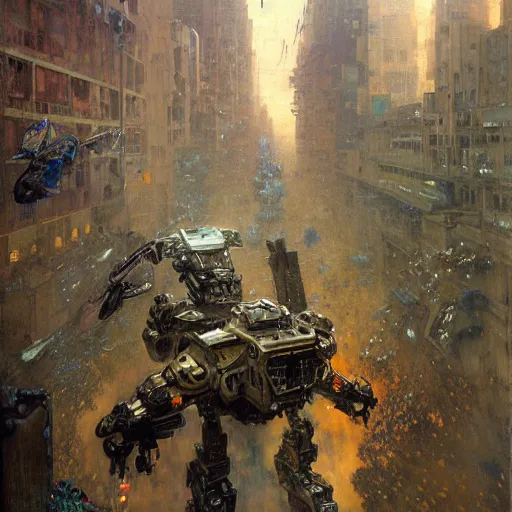 Image similar to six meters tall mech fighting in an urban environment, epic action scene, ultra realistic illustration by gaston bussiere craig mullins jc leyendecker gustav klimt artgerm greg rutkowski john berkey, bergey, craig mullins, ruan jia, raymond swanland, jeremy mann, tom lovell, alex malveda, ray casting, hdr