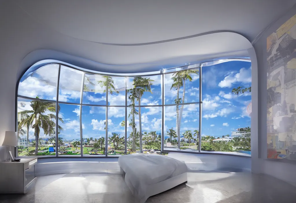 Image similar to curved translucent windows projecting florida holographic weathermap, thin glowing lights, bedroom, visor, users, pair of keycards on table