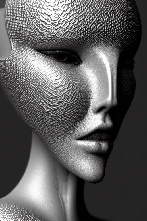 Image similar to monochrome close - up profile face, black background, beautiful young porcelain vegetal - dragon - cyborg - female, 1 5 0 mm, beautiful natural soft rim light, silver gold details, magnolia leaves and stems, roots, mandelbot fractal, elegant, hyper real, ultra detailed, white metallic armour, octane render, 1 6 k