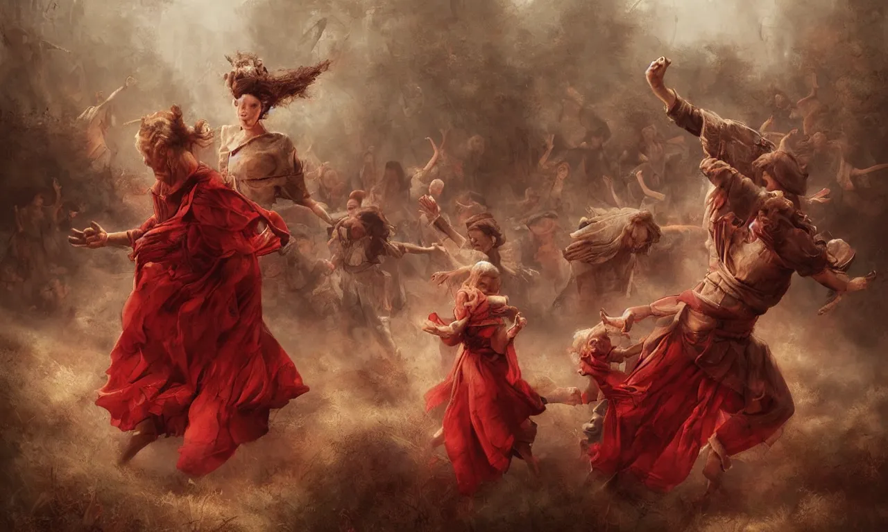 Prompt: breathtaking detailed soft painting of me dancing the sabbat in a red clearing, with old ladies and children, christian earth, rembrandt style, elegant, highly detailed, artstation, concept art, matte, sharp focus, art by tom bagshaw, and greg rutkowski