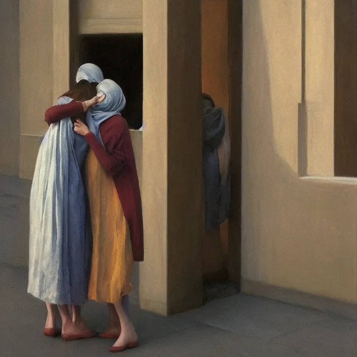 Prompt: two woman hugging with a paper bag over the head, dressed in plastic bags, inside cathedral, highly detailed, artstation, art by , edward hopper, zdislav beksinski, wayne barlowe