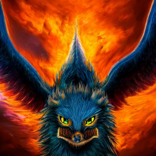 Image similar to A wide shot of griffin in the sky, colorful eyes, glowing eyes, fire, frost, angry, demonic, detailed, realism, hyper-realistic, 8k, hd, detailed face, looking up in the sky,