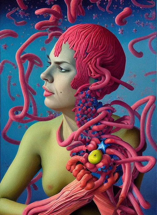 Image similar to hyper detailed Oil painting - Ramona Flowers Eats of the Strangling Fruit and Her gossamer polyp blossoms bring iridescent fungal flowers whose spores black the foolish stars by Jacek Yerka, Mariusz Lewandowski, Abstract brush strokes, Masterpiece, Edward Hopper and James Gilleard, Zdzislaw Beksinski, Mark Ryden, Wolfgang Lettl, hints of Yayoi Kasuma