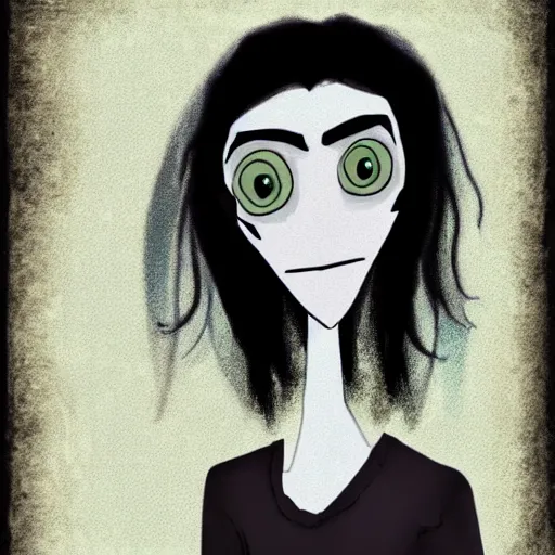 Image similar to young man portrait, black hair, skinny, sleep deprived, corpse bride art style