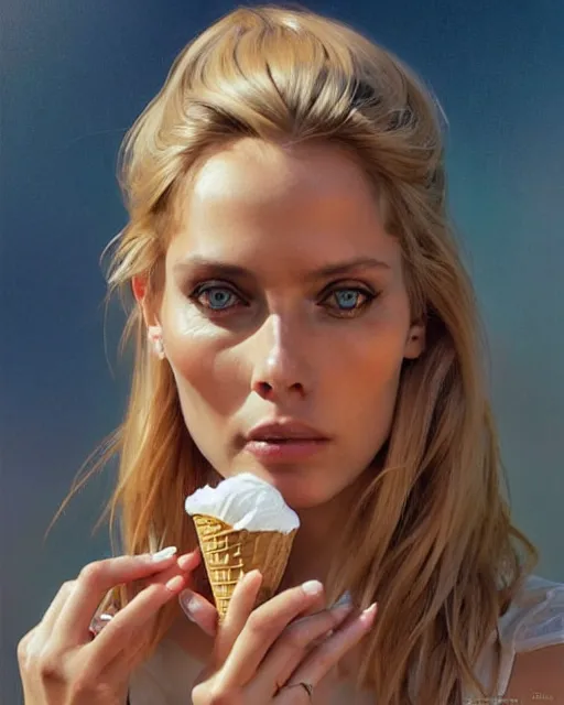 Prompt: Portrait of a blonde Barbara Bach from the bond film eating ice creams in Porto,real life skin, intricate, elegant, highly detailed, artstation, concept art, smooth, sharp focus, art by artgerm and greg rutkowski and alphonse mucha