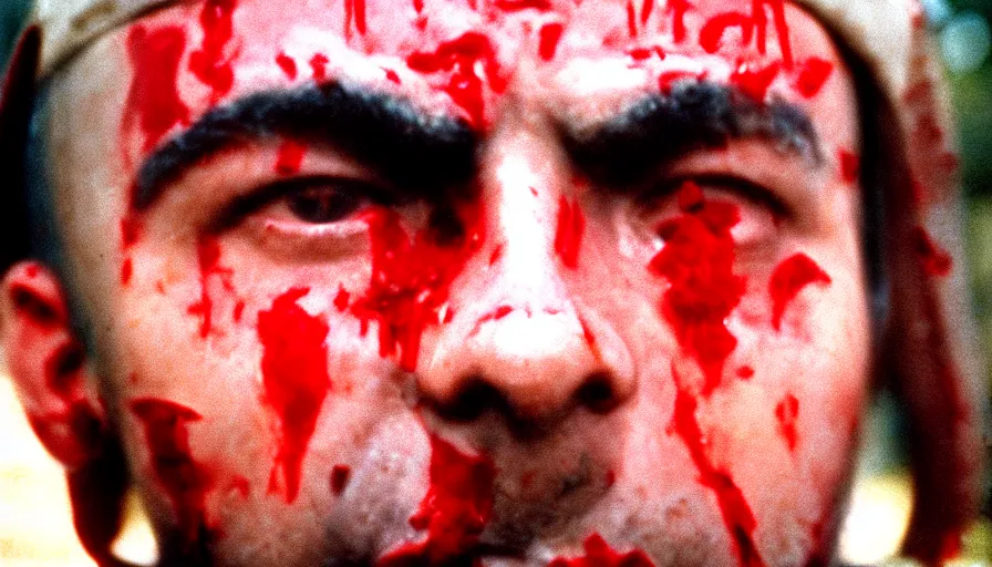 Image similar to 1 9 6 0 s movie still close - up of marcus atilius regulus'face with blood in the eyes down the eyes, cinestill 8 0 0 t 3 5 mm, high quality, heavy grain, high detail, texture, dramatic light