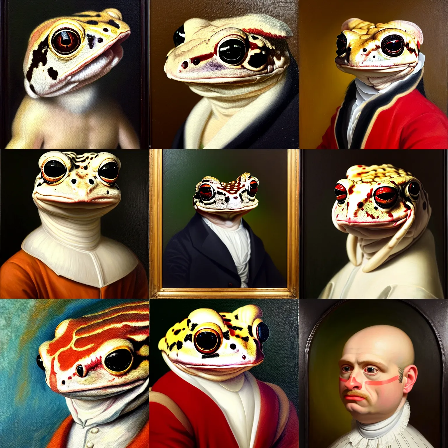 Prompt: a head and shoulders portrait painting of an anthropomorphic!!!!!!!!!! amazon milk frog!!!!!!!!!! wearing a colonial outfit without a hat looking off camera, a character portrait, neoclassicism, history painting, oil on canvas, visible horizontal brushstrokes