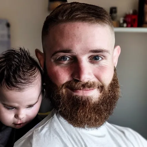 Image similar to a photo of a white man with a mid fade haircut and level 1 clipper beard that is happy with his 3 month year old baby boy.