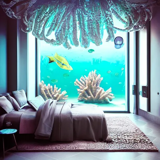 Prompt: real photo of the modern fashionable room as aquarium with a chandelier as a big jellyfish, beautiful corals on the walls and dangerous sharks on the big panoramic window, realism, sharp details, cinematic, a lot of gleans, under the ocean, realistic colors, realistic shadows, daylight by beeple and by greg rutkowski