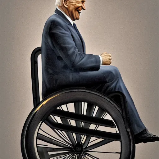 Image similar to hyperrealistic mixed media image of joe biden in a wheelchair wearing a bicycle!! helmet!!, stunning 3 d render inspired art by istvan sandorfi and greg rutkowski, perfect facial symmetry, realistic, highly detailed attributes and atmosphere, dim volumetric cinematic lighting, 8 k octane extremely hyper - detailed render, post - processing, masterpiece,