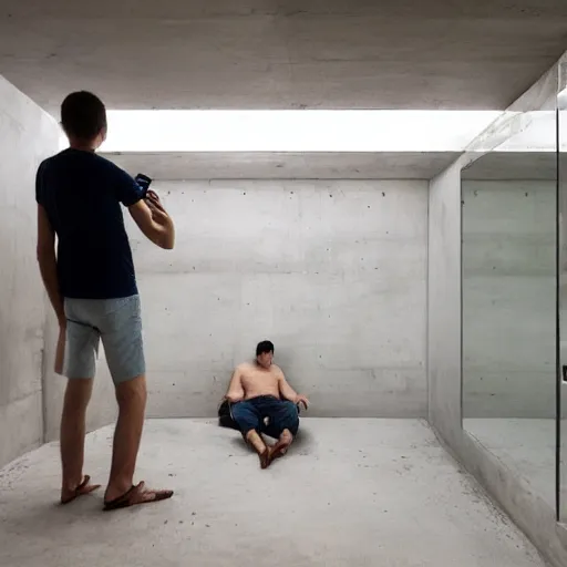 Prompt: a man taking a selfie in a minimalistic concrete room with upholstered sofas and a rectangular water feature in the center, a tilt shift photo by leandro erlich, featured on cg society, kitsch movement, hall of mirrors, high dynamic range, studio portrait