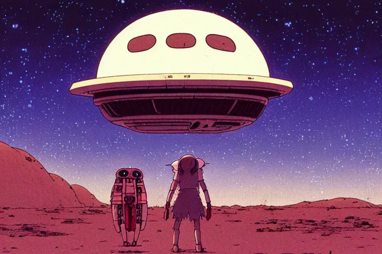 Prompt: a still from a studio ghibli film of an alien mothership from princess mononoke ( 2 0 0 4 ) at night on a desert road, full body, wide shot, very muted colors, post grunge, studio ghibli, laurie greasley, highly detailed, deviantart, art by artgem