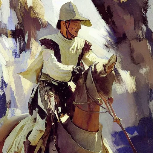 Image similar to portrait of rider wearing medieval clothes galloping, detailed by greg manchess, craig mullins, bernie fuchs, walter everett