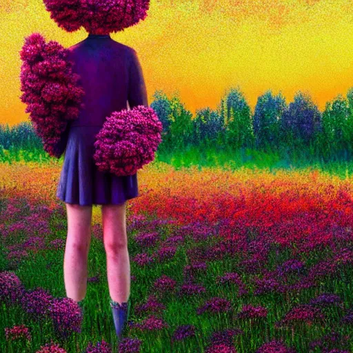 Image similar to large flower head, girl standing in a flower field, surreal photography, big trees, sunrise dramatic light, impressionist painting, colorful clouds, digital painting, pointillism, artstation, simon stalenhag