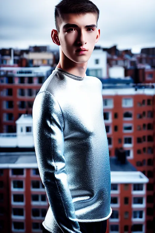 Image similar to un ultra high definition studio quality photographic art portrait of a young man standing on the rooftop of a british apartment building wearing soft padded silver pearlescent clothing. three point light. extremely detailed. golden ratio, ray tracing, volumetric light, shallow depth of field. set dressed.