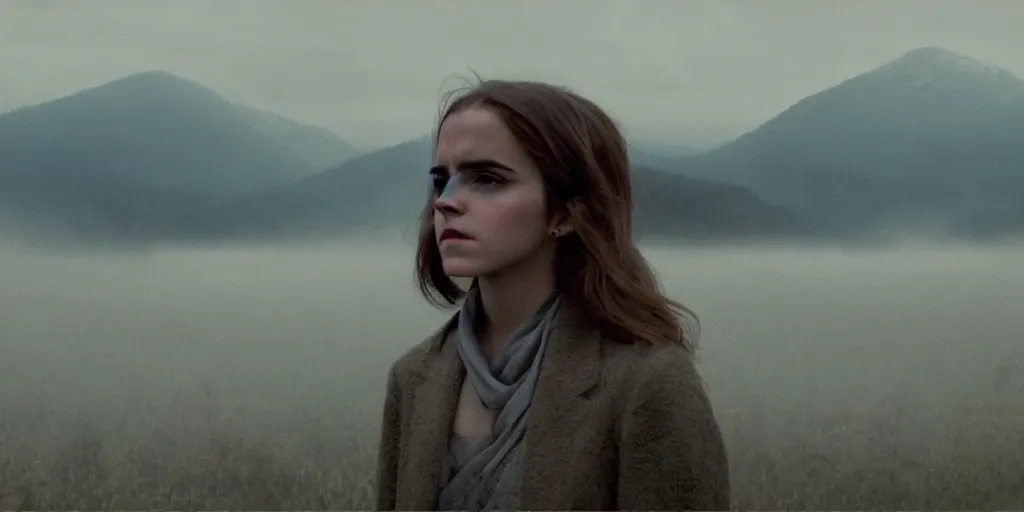 Prompt: portrait of emma watson, tarkovsky film grain, kodachrome, dense mountains, long black hair, cloth, heavy fog, hudson river school, 4 k, dramatic lighting, sunrise, hayao miyazaki, masashi ando, nizou yamamoto, kazuo oga, joe hisaishi, yoji takeshige, naoya tanaka